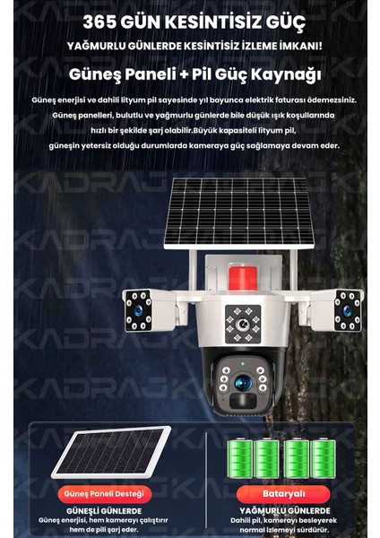 Solar Güvenlik Kamerası Güneş Panelli Çift Lensli 4g Sim Kart Destekli 10.000 Mah Batarya 6 mp Full Hd Görüntü Kalitesi