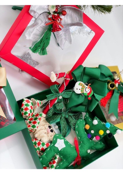 Yeşil 8 Parça Yılbaşı Süs Seti, Çam Ağacı, Noel Baba, Geyik, Fiyonk ve Tokalar
