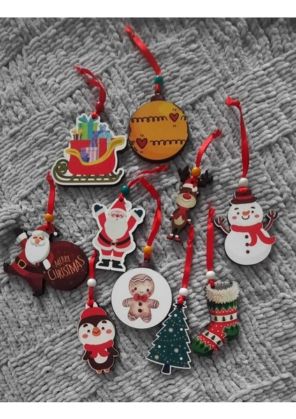 Renkli Ahşap Yılbaşı Çam Ağacı Süsü Seti, 10'lu Paket, Çok Renkli