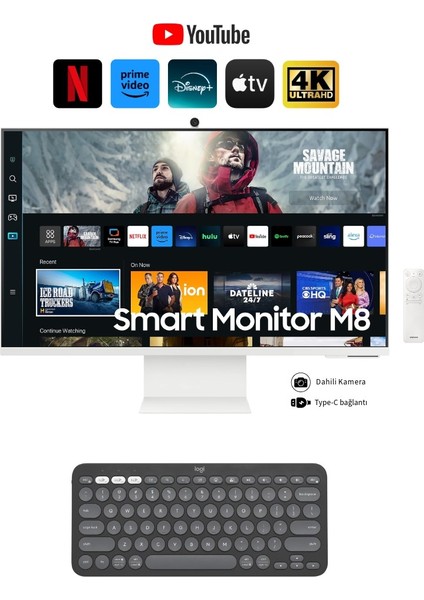 Akıllı-Smart Monitör Tv M8-32 Inç 4K 80 Ekran- Kamera , Silim Tasarım Type-C, Bluetooth ve Wi-Fi Bağlantı Premium Monitör-Tv