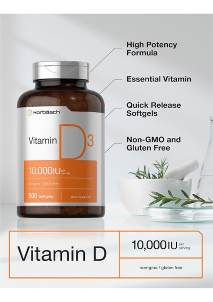 Horbach Vitamin D3 D3 Cholecalciferol 10000 Iu 500 Softgels 250MCG .usa Menşei.ozelsporcugıdaların'dan 3733