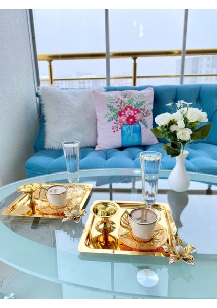 2’li Lüx Zambak Çiçekli Paslanmaz Çelik Kare Gold Kahve, Çay, Dekoratif Sunum Servis Tepsisi