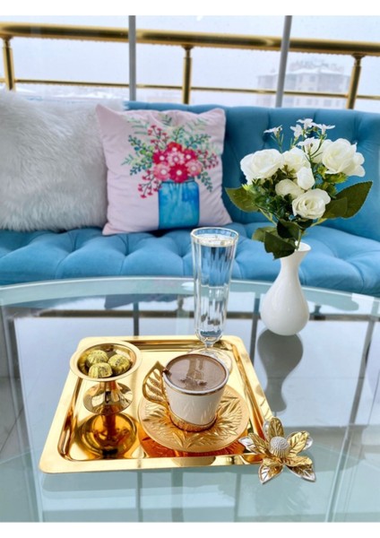 2’li Lüx Zambak Çiçekli Paslanmaz Çelik Kare Gold Kahve, Çay, Dekoratif Sunum Servis Tepsisi