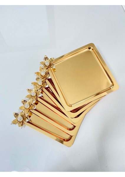 2’li Lüx Zambak Çiçekli Paslanmaz Çelik Kare Gold Kahve, Çay, Dekoratif Sunum Servis Tepsisi