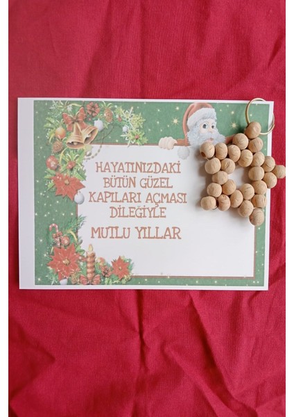 25 Adet Naturel Yıldız Anahtarlık - Ahşap Yıldız - Noel Baba Kartlı - Jelatinli - Yılbaşı Hediyelik