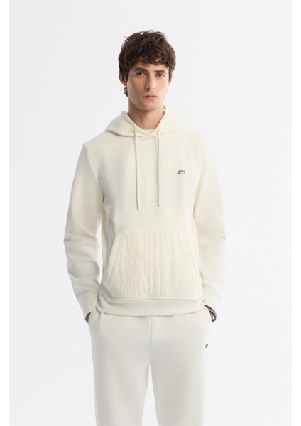 Erkek Ekru Kapüşonlu Baskılı Elastan Sweatshirt A42y1262