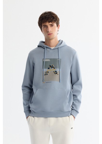 Erkek Açık Mavi Kapüşonlu Pamuklu Baskılı Elastan Sweatshirt A42Y1321