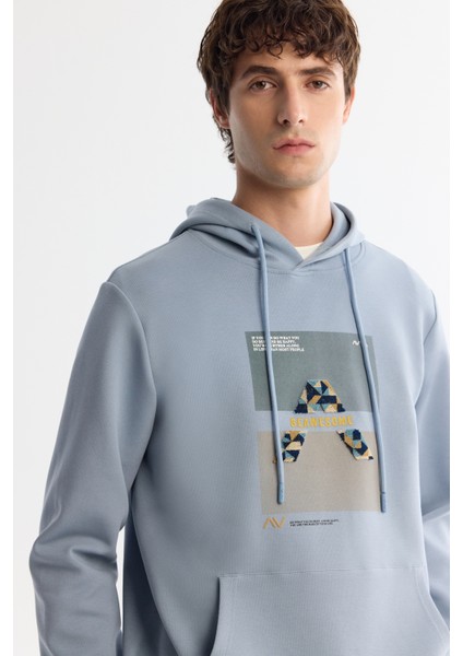 Erkek Açık Mavi Kapüşonlu Pamuklu Baskılı Elastan Sweatshirt A42Y1321