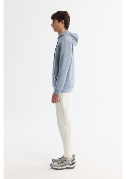 Erkek Açık Mavi Kapüşonlu Pamuklu Baskılı Elastan Sweatshirt A42Y1321