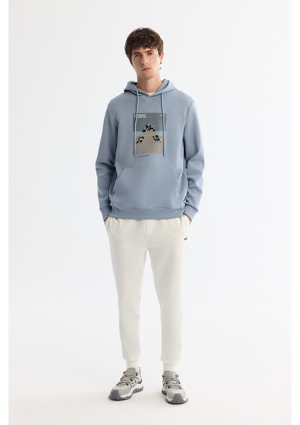 Erkek Açık Mavi Kapüşonlu Pamuklu Baskılı Elastan Sweatshirt A42Y1321