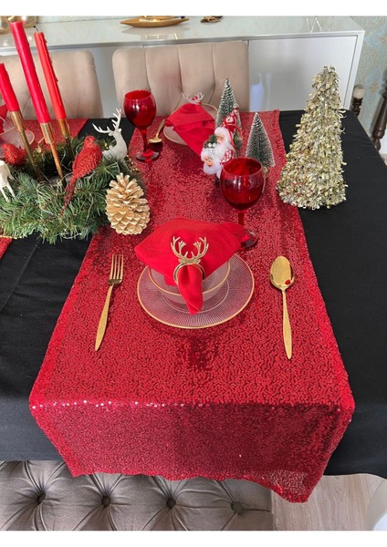 Yılbaşı Kırmızı Payetli Runner 1 Ad 43X135 cm Noel Ranır Sofra Newyear Christmas Pullu Yeniyıl