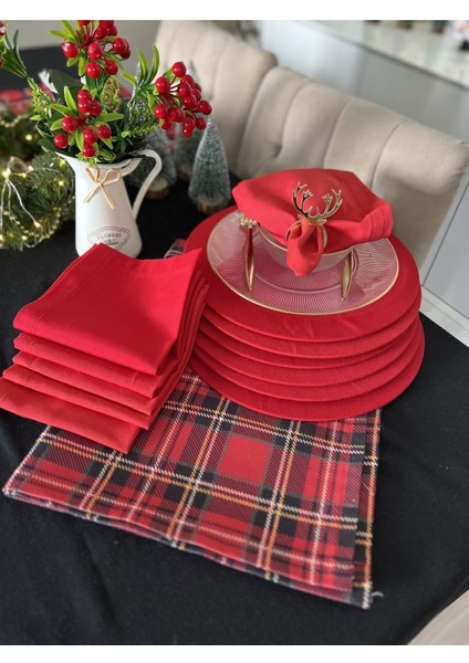 Yılbaşı Temalı Kırmızı Ekoseli 6 Kişilik Sofra Seti, Dikdörtgen, Polyester, 9-12 Parça