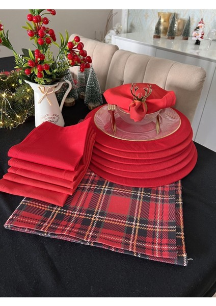 Yılbaşı Temalı Kırmızı Ekoseli 6 Kişilik Sofra Seti, Dikdörtgen, Polyester, 9-12 Parça