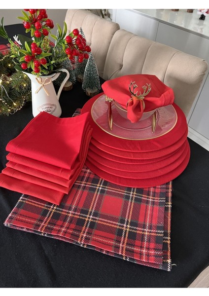 Yılbaşı Temalı Kırmızı Ekoseli 6 Kişilik Sofra Seti, Dikdörtgen, Polyester, 9-12 Parça
