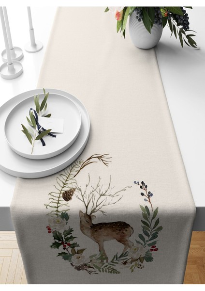 Yılbaşı Temalı Dijital Baskılı 140x40 cm Dikdörtgen Runner, Ekru Polyester Mat Eşsiz Dekor