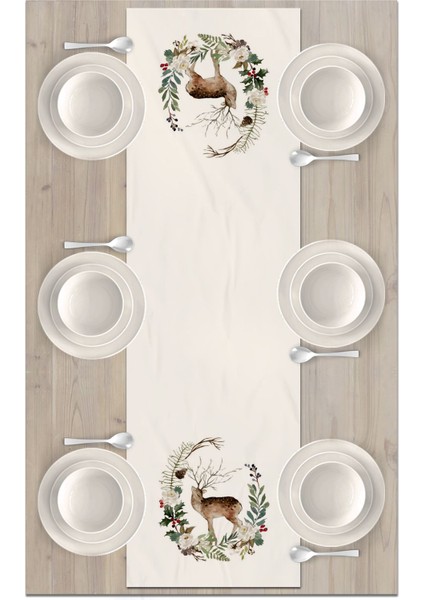 Yılbaşı Temalı Dijital Baskılı 140x40 cm Dikdörtgen Runner, Ekru Polyester Mat Eşsiz Dekor