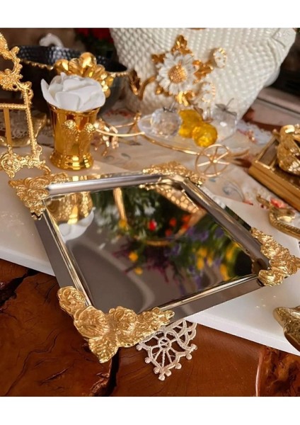 Gümüş Gold Detaylı 18/10 Çelik Kahve Sunum Tepsisi 2 Adet modelleri