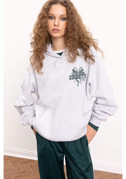 Coool Oversize Geniş Kalıp Kapüşonlu Baskılı Kalın Sweatshirt E1530AX24WN