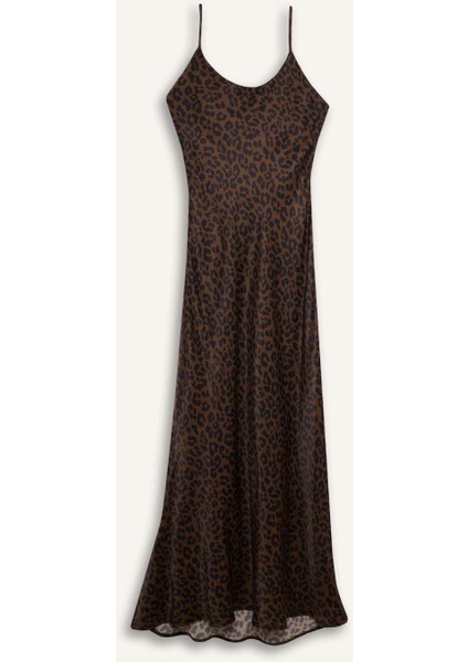 Slim Fit Dar Kesim Leopar Desenli Viskon Askılı Maxi Abiye Elbise E2978AX24WN