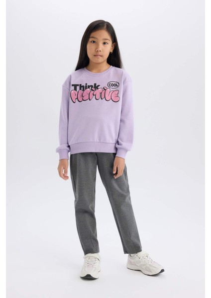 Kız Çocuk Relax Fit Bisiklet Yaka Baskılı İçi Yumuşak Tüylü Sweatshirt D1552A824WN fiyatları