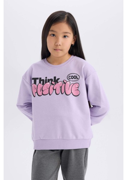 Kız Çocuk Relax Fit Bisiklet Yaka Baskılı İçi Yumuşak Tüylü Sweatshirt D1552A824WN fırsatları