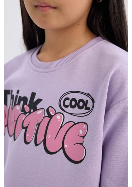 Kız Çocuk Relax Fit Bisiklet Yaka Baskılı İçi Yumuşak Tüylü Sweatshirt D1552A824WN indirimleri