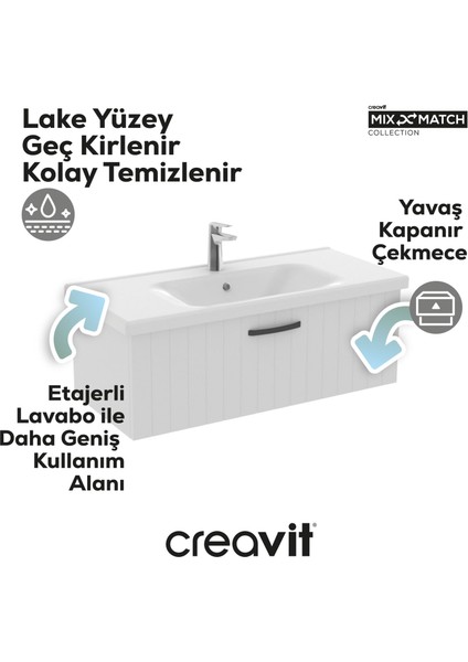 D10 Eksen Lavabo Dolabı Çekmeceli 100 cm Gövde Lake Kapak