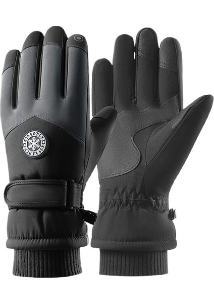 Siyah + Koyu Gri Kış Kayak Eldivenleri Erkek ve Kadın Eldivenleri Su Itici Rüzgar Geçirmez ve Sıcak Kalınlaşmış Kaymaz Dokunmatik Bisiklet Eldivenleri (Yurt Dışından)