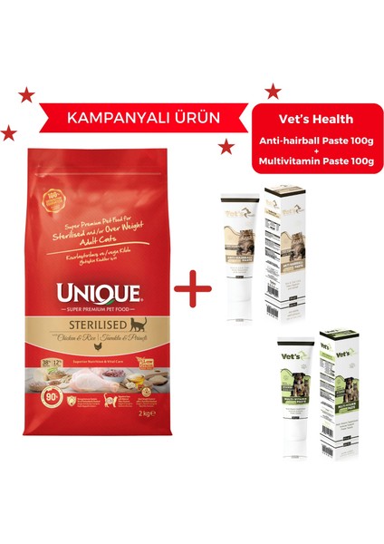 Sterilised Kısırlaştırılmış Kedi Maması Tavuklu 2 kg - Vet's Health Anti-Hairball Paste 100G + Multivitamin Paste 100G Hediyeli