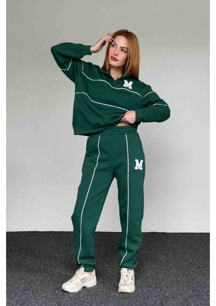 TKM-03647 Yeşil M Baskılı Şeritli Fermuar Detay Sweatshirt Jogger Eşofman Ikili Takım
