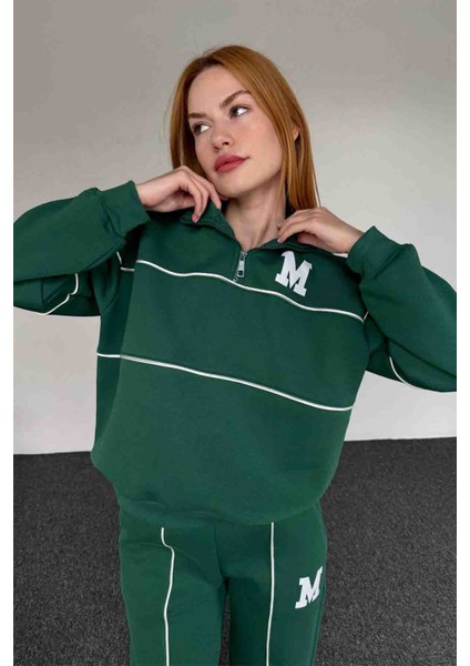 TKM-03647 Yeşil M Baskılı Şeritli Fermuar Detay Sweatshirt Jogger Eşofman Ikili Takım fiyatları
