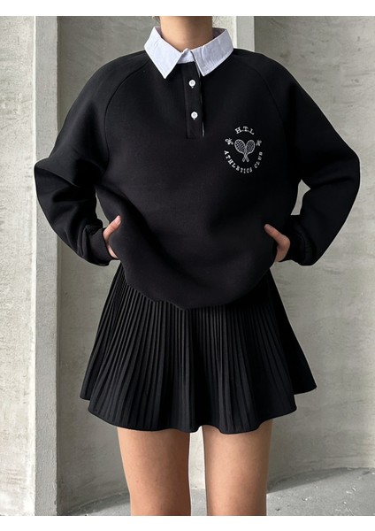 SWT-14276 Siyah Gömlek Yaka Raket Nakışlı Üç Iplik Şardonlu Oversize Sweatshirt