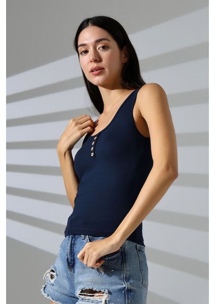 Yakası Düğmeli Likralı Ribana Kumaş Esnek Atlet 21881 Lacivert