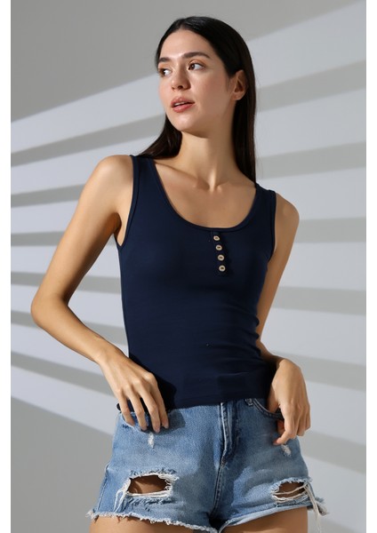 Yakası Düğmeli Likralı Ribana Kumaş Esnek Atlet 21881 Lacivert fiyatları