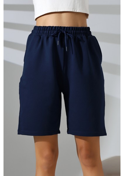 Rahat Kalıp Geniş Uzun Penye Pamuklu Unisex Şort 21823 Lacivert modelleri