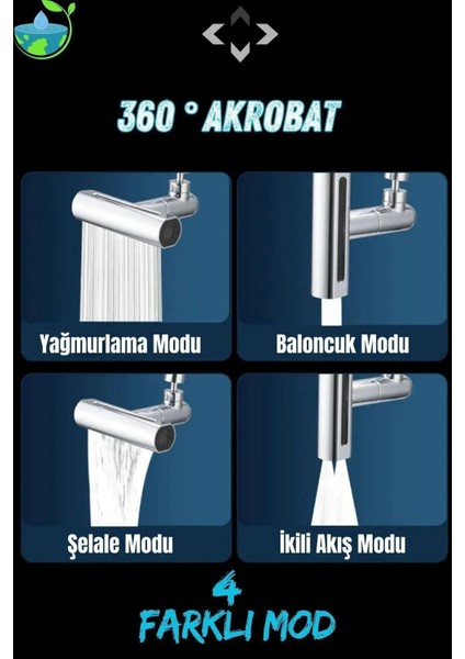 360° Akrobat 4 Farklı Modlu Su Tasarruflu Fonksiyonel Krom Akrobat Musluk Batarya Başlığı