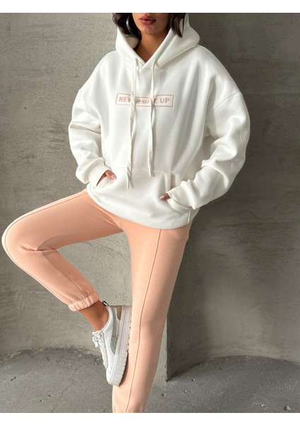 TKM-0034 Pudra Beyaz Never Give Up Yazı Baskılı Kapüşonlu Sweatshirt Jogger Üç Iplik Şardonlu Ikili Takım