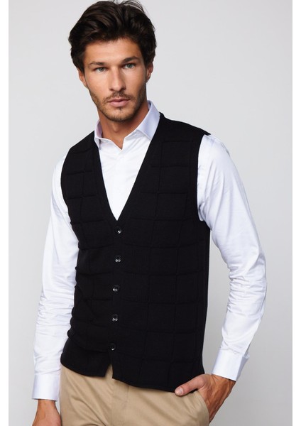 Slim Fit Kare Desenli Siyah Erkek Yelek