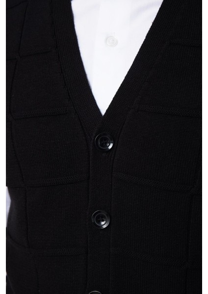 Slim Fit Kare Desenli Siyah Erkek Yelek