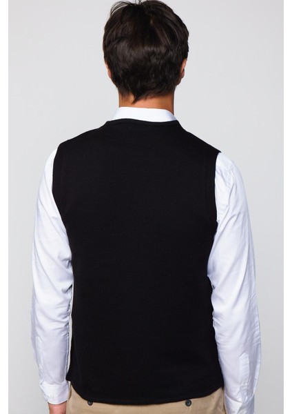 Slim Fit Kare Desenli Siyah Erkek Yelek