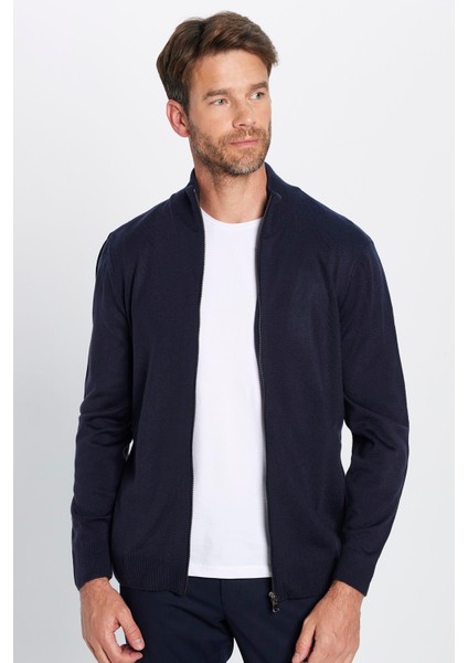 Erkek Slim Fit Dar Kesim Lacivert Dik Yaka Fermuarlı Düz Hırka fiyatları