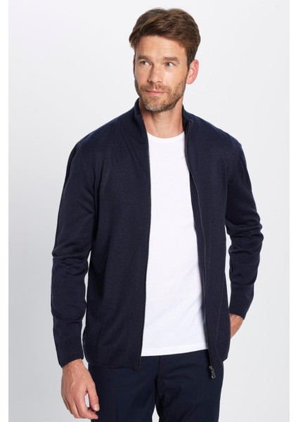 Erkek Slim Fit Dar Kesim Lacivert Dik Yaka Fermuarlı Düz Hırka modelleri