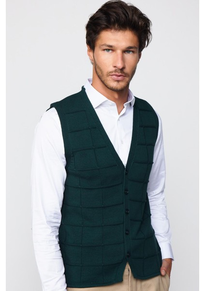 Slim Fit Kare Desenli Yeşil Erkek Yelek