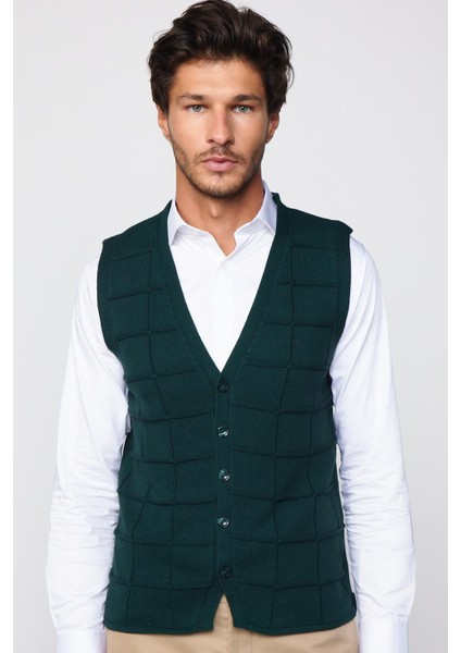 Slim Fit Kare Desenli Yeşil Erkek Yelek fiyatları