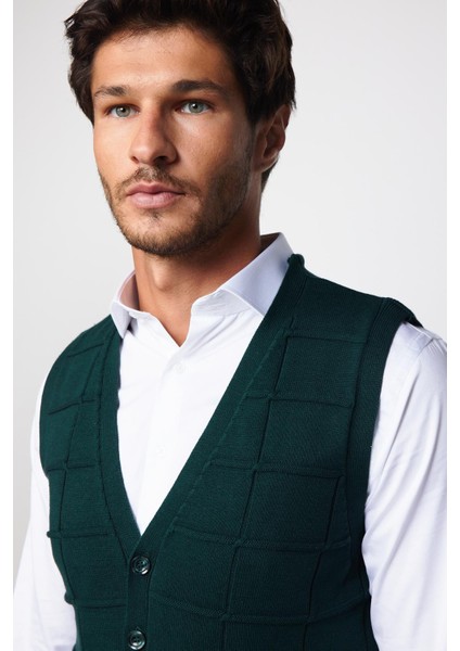 Slim Fit Kare Desenli Yeşil Erkek Yelek modelleri