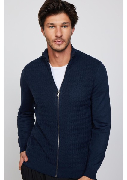 Slim Fit Desenli Dik Yaka Fermuarlı Lacivert Erkek Hırka modelleri