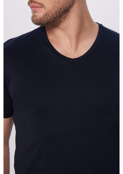 Erkek Slim Fit Dar Kesim %100 Pamuk Yumuşak Dokulu Lacivert V Yaka Tişört fırsatları