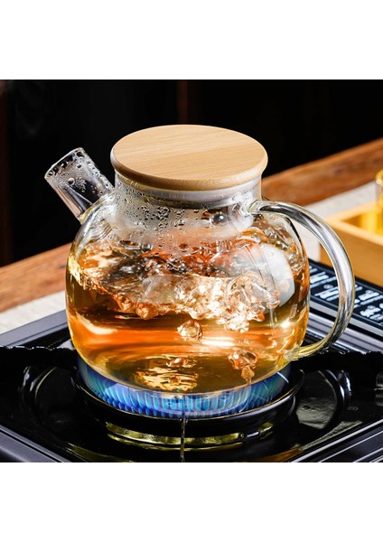 Vakumlu Bambu Kapaklı Isıya Dayanıklı Borosilikat Cam Demlik, Süzgeçli Demlik (1000 Ml) Teapot