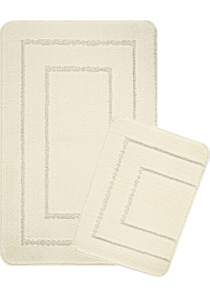 Doğal Kaymaz Taban Banyo Paspas Seti Uzun Ömürlü Yumuşak Dokulu Su Emici Yıkanabilir Krem Çerçeve Set 50x80-50x40