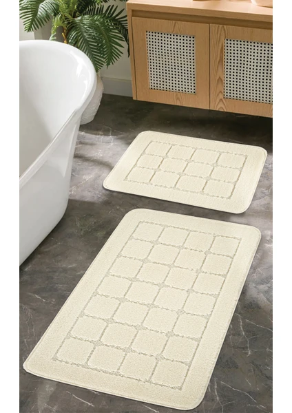 Doğal Kaymaz Taban Banyo Paspas Seti Uzun Ömürlü Yumuşak Dokulu Su Emici Yıkanabilir Krem Kareli Set 50x80-50x40